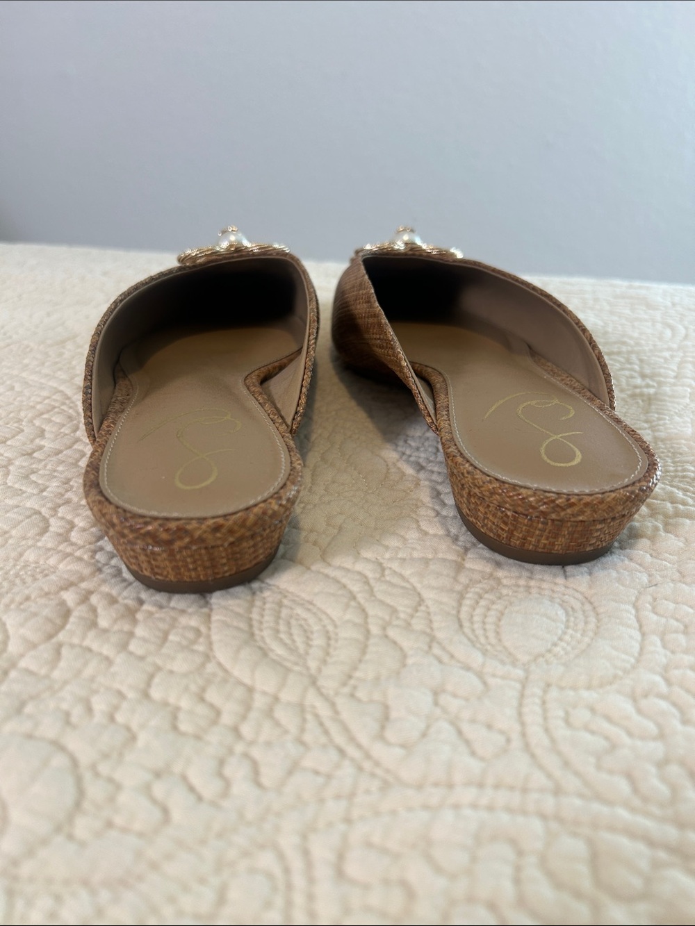 Sam Edelman Brown Woven Pointed Mules with Pearl Flower - Picture 3 of 7
